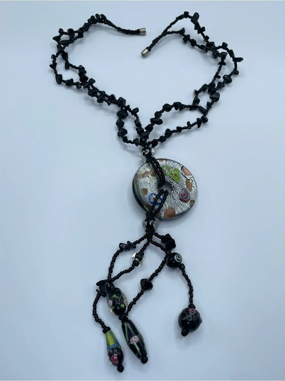 Black Crystal Glass Beaded Blown Glass Medallion Tassel Statement Necklace
